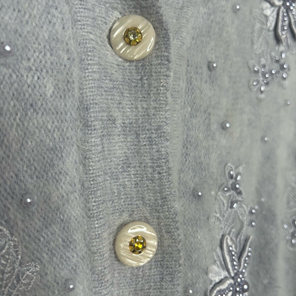 Vintage Pastel Blue Angora Rabbit Hair Lamb Wool Pearl Beaded Cardigan Sweater L - Picture 10 of 10